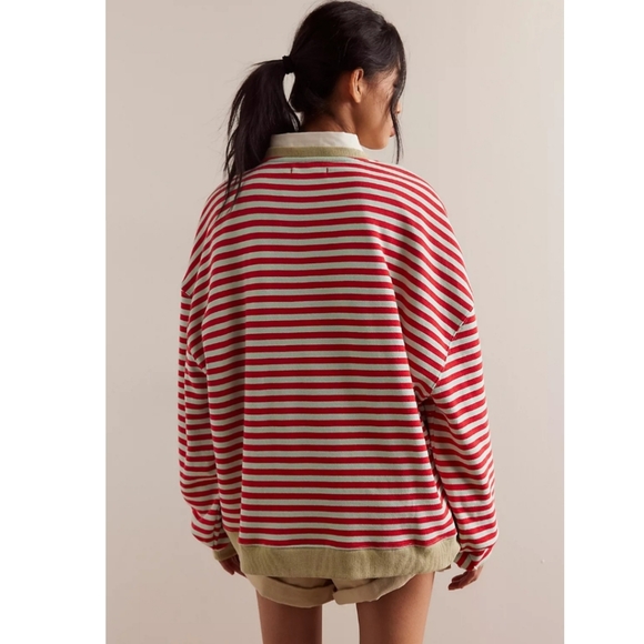 New! FP We The Free Classic Striped Oversized Crewneck in Cherry Combo - Picture 2 of 12
